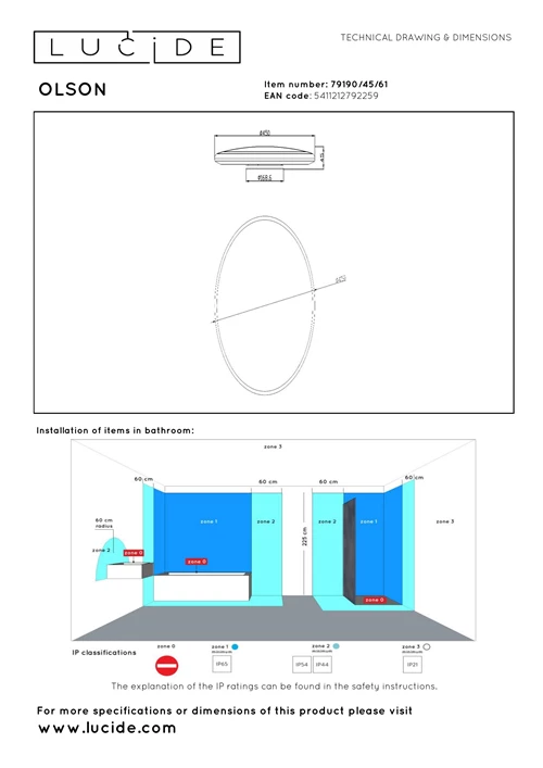 Lucide OLSON - Plafonnier Salle de bains - Ø 45 cm - LED - CCT - 1x45W 3000K/6500K - IP44 - Opalin - technique